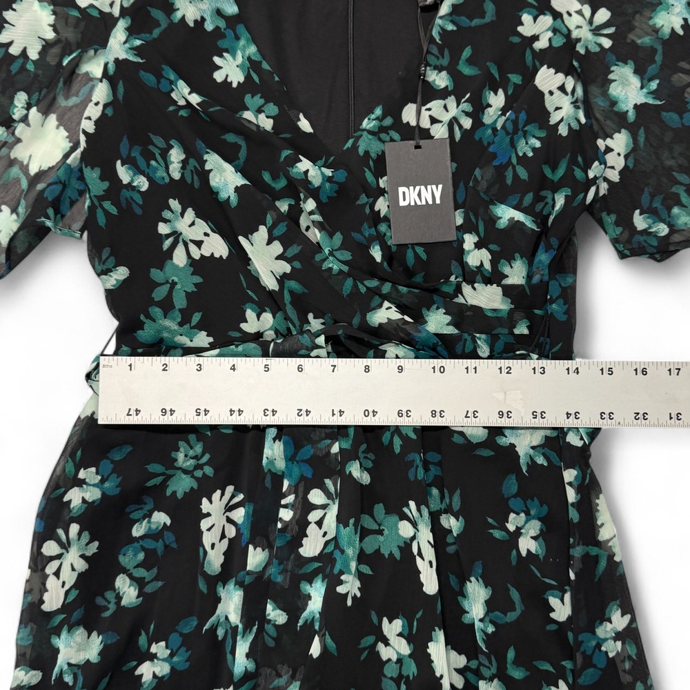 DKNY Floral Print Midi Dress Womens 10 NWT Flutter‎ Sleeve Tie Waist Black Green - Picture 7 of 9